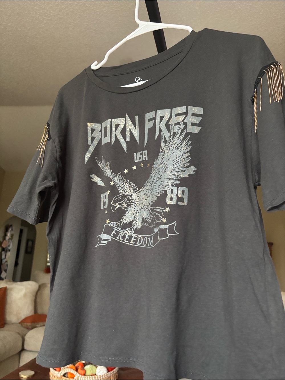 Black Short Sleeve woman’s Tee with Gold Chain Fringe Shoulders